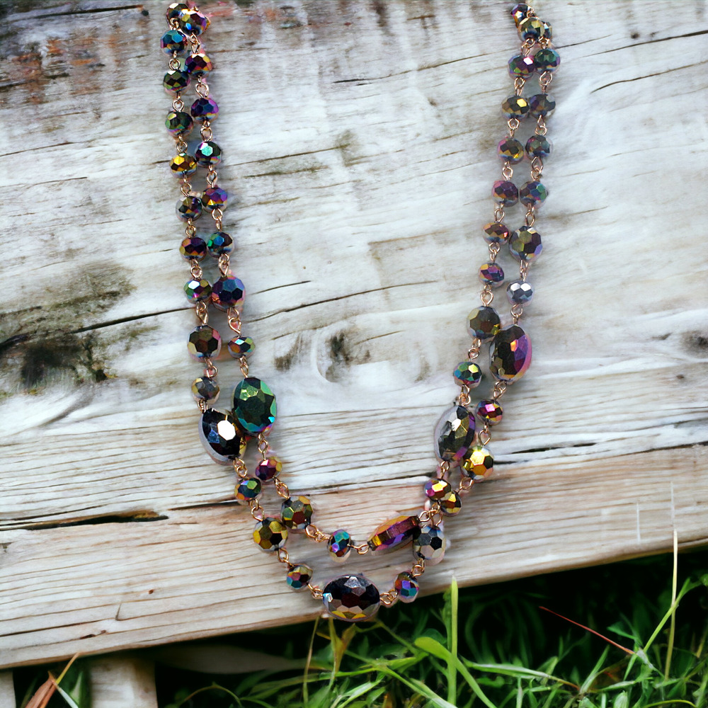 14K Gold Plated Holographic Glass Beaded Double Layer Oil Spill Necklace - Multi